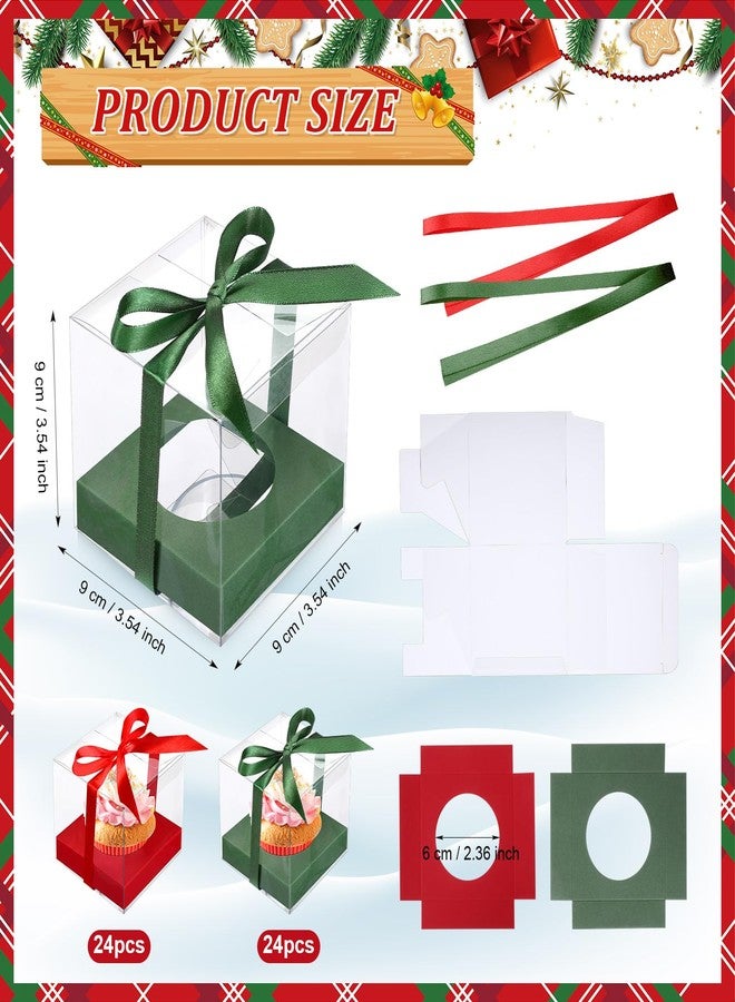 Watersay 48 Pcs Christmas Clear Cupcake Boxes Individual 3.5 Inch Red Green Plastic Cupcake Containers Single Boxes with Inserts and Ribbon Individual Cake Holders for Xmas Wedding Gift Storage - Image 3
